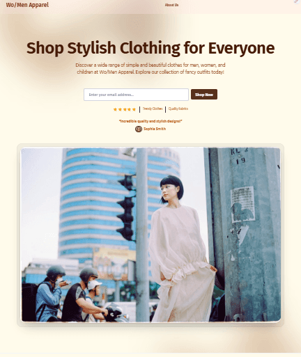 Fashion website homepage featuring stylish clothing for everyone with an image of a person wearing a flowing dress.